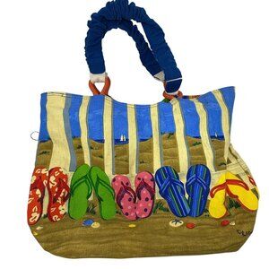 Paul Brent Colorful Beach Tote Bag Flip-Flop Print Canvas Zippered Summer Vibes